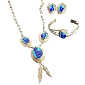 Navajo Turquoise Sterling Earrings Necklace Bracelet McCray JM Lapis Silver Set